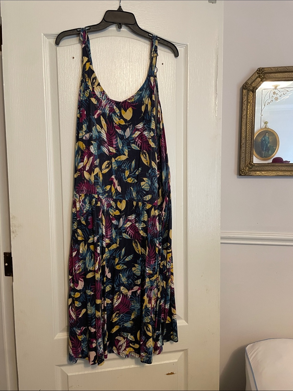 Lane Bryant Navy Floral Leaf Print Midi Dress with Yellow & Teal Accents